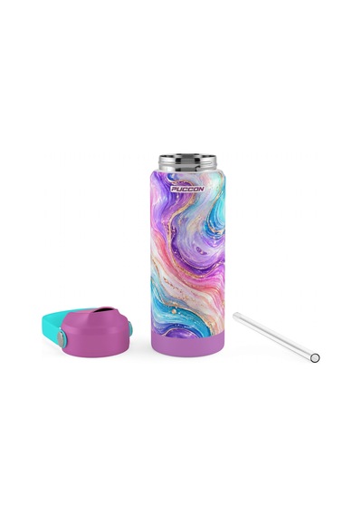 Puccon 540 Ml Renkli Dalga Desenli Mor - Çok Renkli Kız Çocuk Pipetli Çelik Termos Matara/suluk - 60064