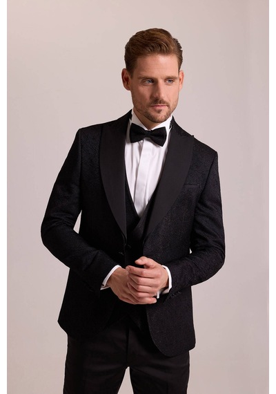 Ysf Erkek Siyah Damatlık Slim Fit Kırlangıç Yaka Desenli