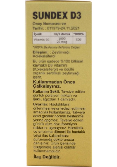 Sundex Vitamin D3 1000 Iu 500 Damla 20 Ml Bitkisel Kaynaklı