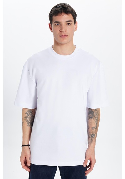 Tudors Unisex Oversize Geniş Kesim %100 Pamuk Yumuşak Dokulu Basic Bisiklet Yaka Beyaz Tişört-30842