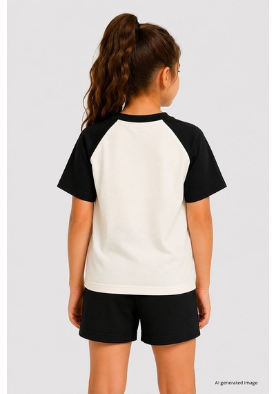 Ekru-siyah Standart Fit Reglan Kollu Kız Çocuk T-shirt - 75180 Ekru/sıyah