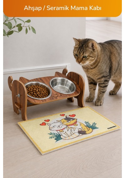 Ahşap Kedi Mama Seramik Su Kabı Standı,kedili Mama Kabı, Hediye Kedi Halısı