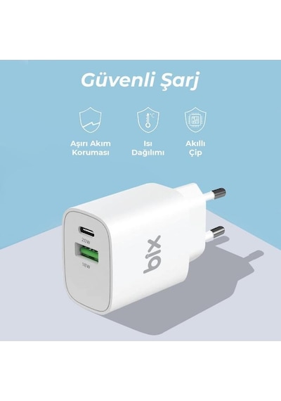 Bix Çift Portlu Typ-c 20wpd + Usb-a 18w Qc Girişli Hızlı Şarj Adaptörü 1 Adet