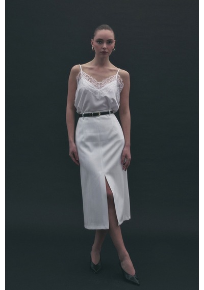 Sateen Anna Yırtmaçlı Etek - Ekru-137174 Ekru