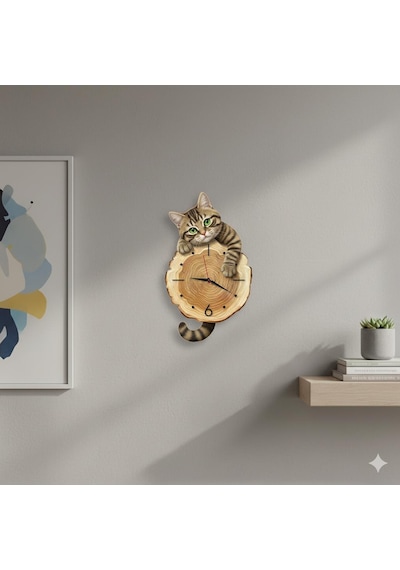 Cajuart Kütük Üzerinden Bakan Tekir Kedi Tasarımlı Duvar Saati Modern Dekoratif Saat Kahverengi
