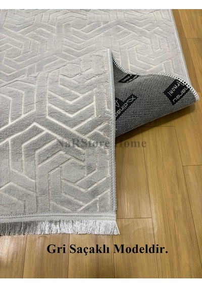 Dinar Armoni Saçaklı Kaymaz Tabanlı Kesme Kabartmalı Yıkanabilir Salon Koridor Halı Yolluk Gri