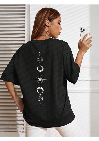 Moon Start T-shirt - Siyah Baskılı Oversize Bisiklet Yaka Kısa Kol SIYAH