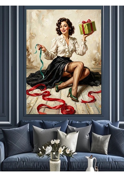 Hediye Kutusuyla Retro Pin Up Dekoratif Kanvas - Mdf Ahşap Tablo