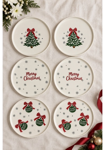 Merry Christmas 6 Lı 20 Cm Stackable Seramik Pasta, Tatlı Ve Servis Tabağı Seti Beyaz