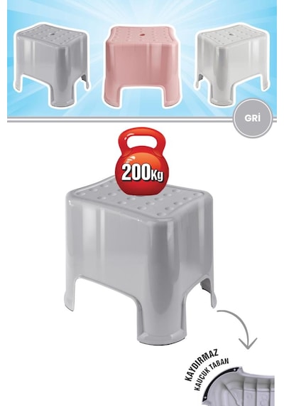 Flora Herkül Banyo Taburesi, Kaydırmaz Kauçuk Tabanlı 200 Kg Taşıma Kapasiteli Lüks Tabure Gri