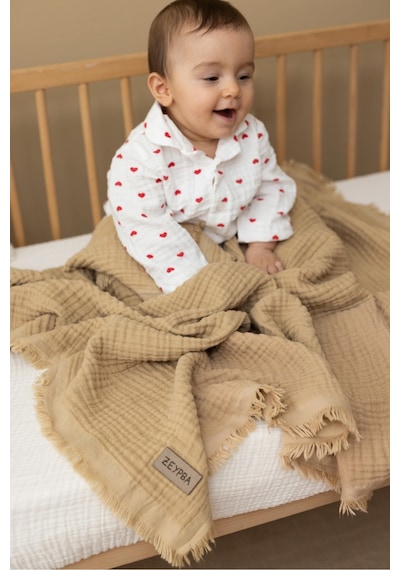 Zeypba %100 Pamuk 4 Katlı Müslin Bebek Battaniye & Çocuk Müslin Battaniye 110x110 CM Vizon