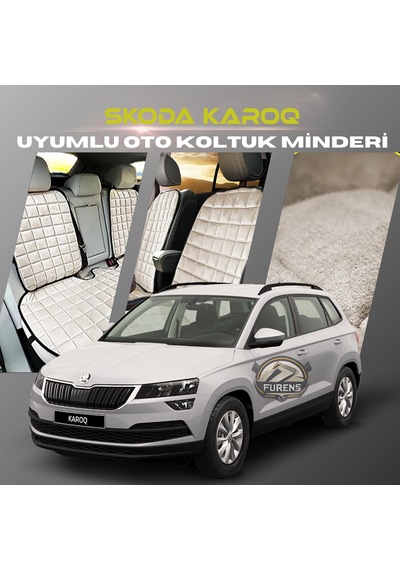 Skoda Karoq Bej Renk Tay Tüyü Cepli & Terletmez Sırtlı Oto Koltuk Minder Seti - Koltuk Koruma Kılıfı Ön & Arka Tam Set