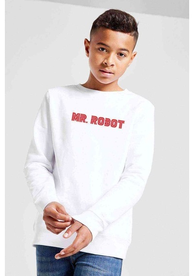 Tshirthane Mr Robot Baskılı Unisex Çocuk Beyaz Sweatshirt (534642566)