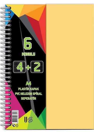 4+2 Ayraçlı Defter 6 Konulu 150 Yaprak 1 Adet 4 Kareli 2 Çizgili Spralli Plastik Kapak Seperatörlü Krem