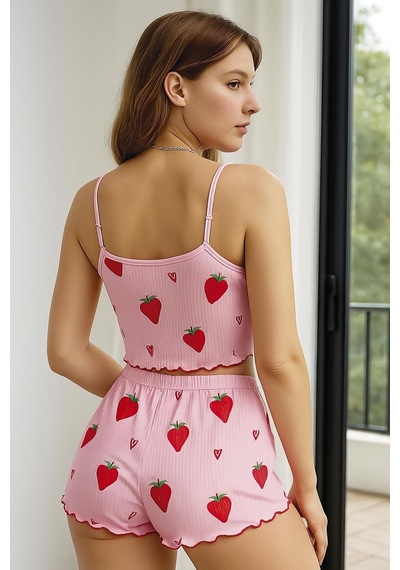 Hadpols Delux Serisi Günlük Giysi Kısa Şort Sevimli Tarz Kadın Çilek Desenli Şortlu Pijama Takımı Pembe