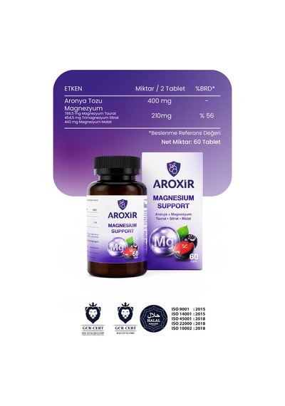 Aroxir Magnesium Support Günlük Destek Aronya Ve Magnezyum Taurat, Sitrat, Malat 60 Tablet