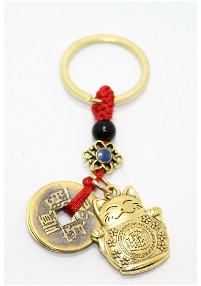 Rahan Feng Shui Bereket Şans Mutluluk Çağıran Şans Kedisi Maneki Neko Çin Paralı Feng Sui Anahtarlık