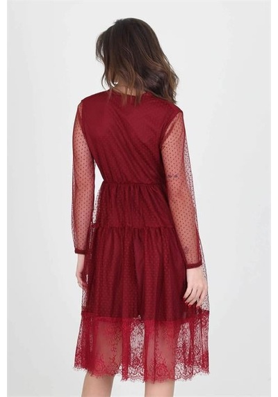 Dip Moda Kadın Kruvaze Yaka Eteği Güpürlü Elbise Dpnb0010 Bordo