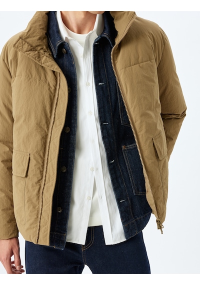 Koton Dik Yaka Fermuarlı Slim Fit Şişme Mevsimlik Ceket Bej 5wam20041hw Ekru