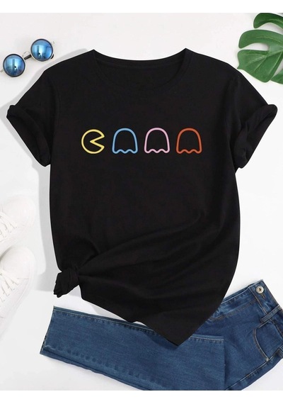 Flood Of Style Unisex Siyah Pacman Baskılı Oversize