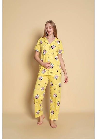 Yazlık Swetty Baskılı Kısa Kol Pijama Takımı Yeni Sezon Sarı