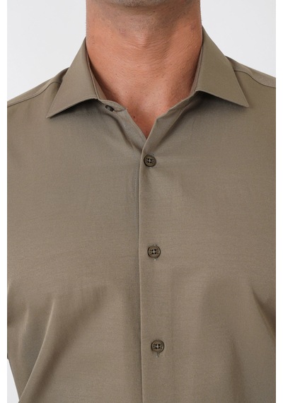 Slim Fit Pamuk Saten Klasik Haki Gömlek Gk 604