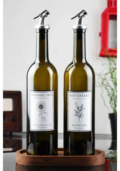 Ahşap Stantlı Amber 2'li 750 Ml Zeytinyağı Sıvıyağ Şişesi Yağd...