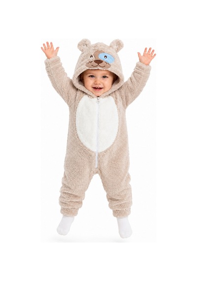 Kız Erkek Bebek Welsoft Peluş Tulum Kapüşonlu Fermuarlı Kışlık Bebek Tulumu Köpek Figürlü Yumuşak Polar Tulum Krem