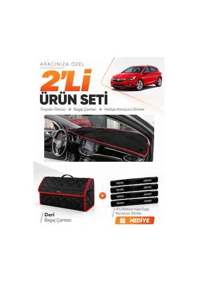 E-biz Opel Astra K 2015-2021 Uyumlu Torpido Örtüsü + Deri Bagaj Çantası - Siyah-kırmızı - Op005