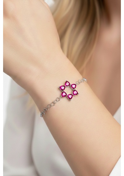 Aşkın Fısıltısı Ruby Taşlı Bileklik 925 Ayar Gümüş Kalp Zincir 20 Cm Gümüş