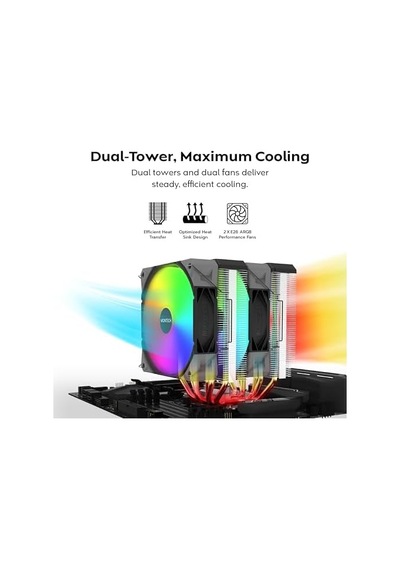Nx600 Argb 6 Isı Borulu Ve Premium Üst Kapaklı Çift Kule Cpu Hava Soğutucu 28mm E28 Argb Premium Fan Lehimli Bakır Taban Üstün Isı Dağılımı Tüm Intel Ve Amd Soket Desteği Siyah