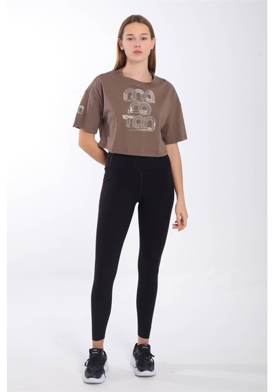 Maraton Comfort Kadın Bisiklet Yaka Kakao Crop Top Kahverengi