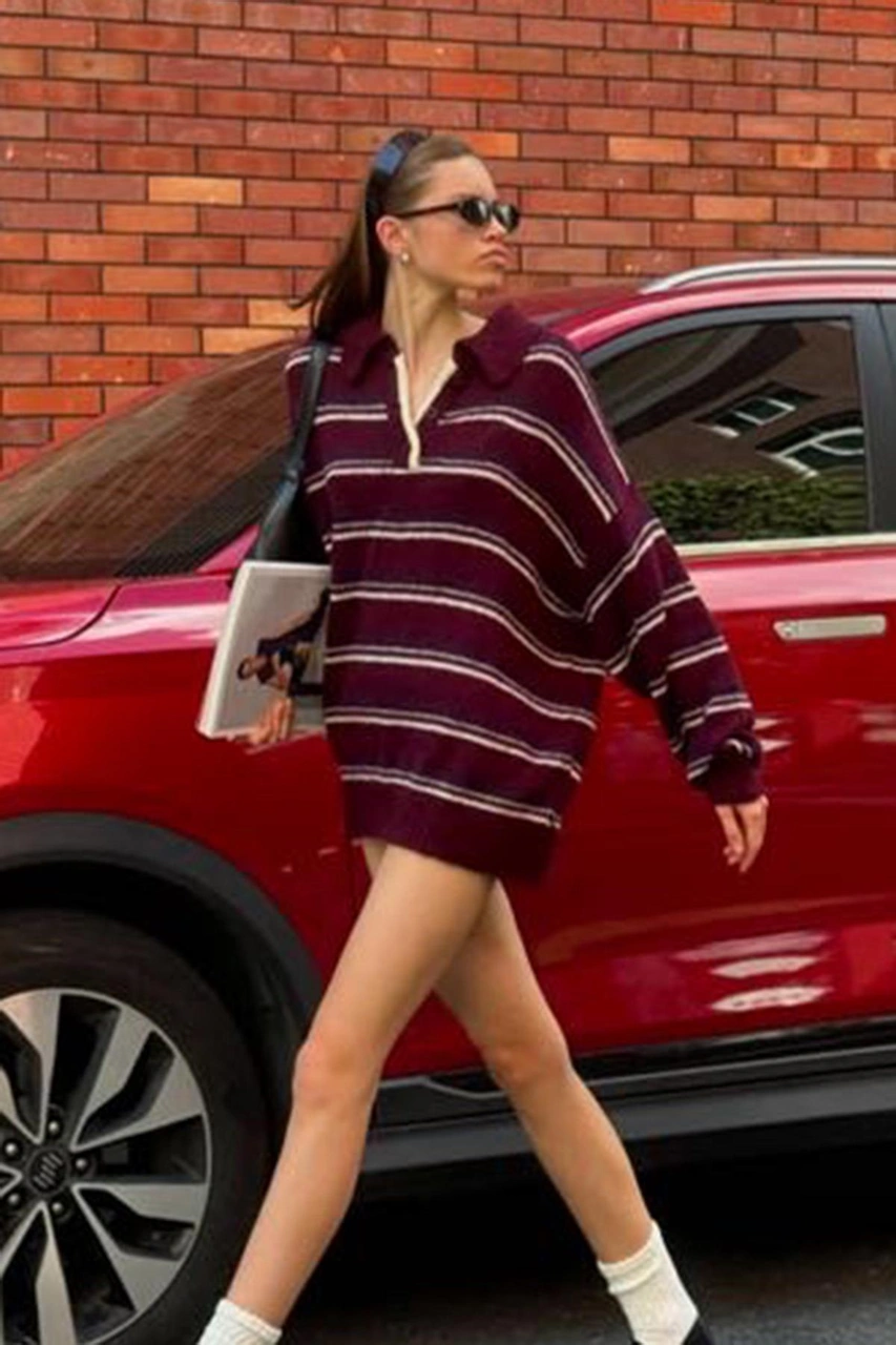 Madmext Bordo Çizgili Düğmeli Polo Yaka Kazak Mg2357 Bordo