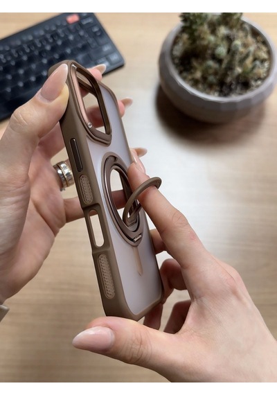 Apple Uyumlu iPhone 16 Standlı Ve Yüzüklü Magsafe Kılıf Soocase721 Kahverengi