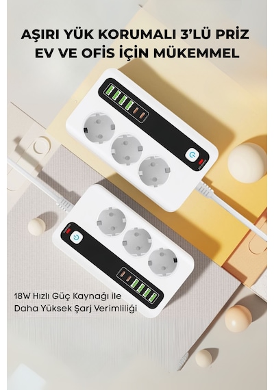 Pro P10 3x Priz 3000w Akım Korumalı 4x Usb 2x Type-c Girişli Çoklu Priz 0.2 M