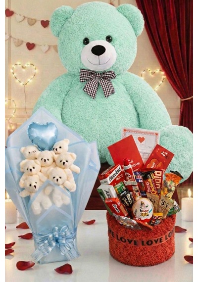 3 Lü Kadınlar Günü Hediye Seti 90 Cm Peluş Ayı, Love Çikolata Sepeti & Mavi Peluş Ayıcık Buketi 37641262
