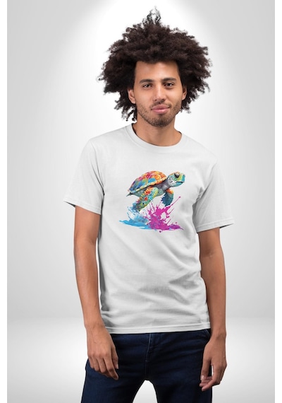 Renkli Kaplumbağa Karetta Kareta Unisex Unisex Beyaz Organik Baskılı T-shirt Penye Yüksek Kalite Beyaz