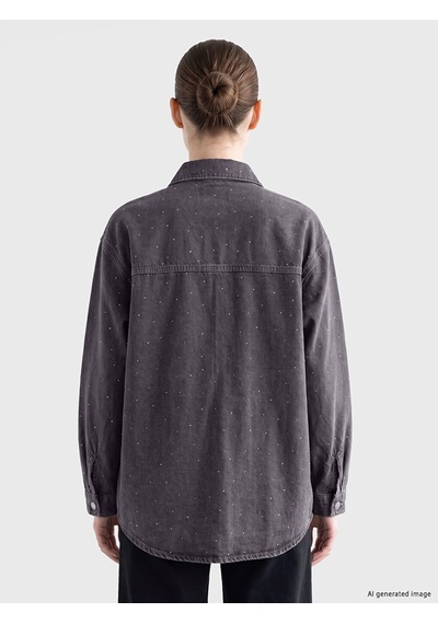 Lcw Comfort Gri Taşlı Kadın Jean Gömlek Tunik