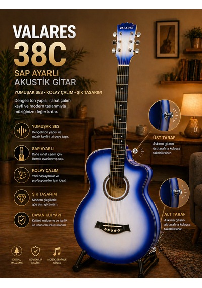Valares 38c Kesik Kasa Sap Ayarlı Akustik Gitar 38 4/4 Full Aksesuar Hediyeli Mavi Sunburst Blue Sunburst