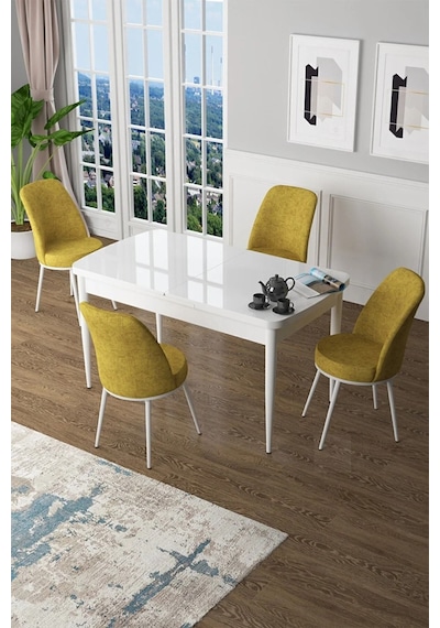 Canisa Zen Serisi 80x132 Mdf Açılabilir Beyaz Masa Takımı Ve 4 Hardal Sandalye Beyaz Masa Hardal Sandalyee Canisa Zen Serisi 80x132 Mdf Açılabilir Beyaz Masa Takımı Ve 4 Hardal Sandalye Beyaz Masa Hardal Sandalyee