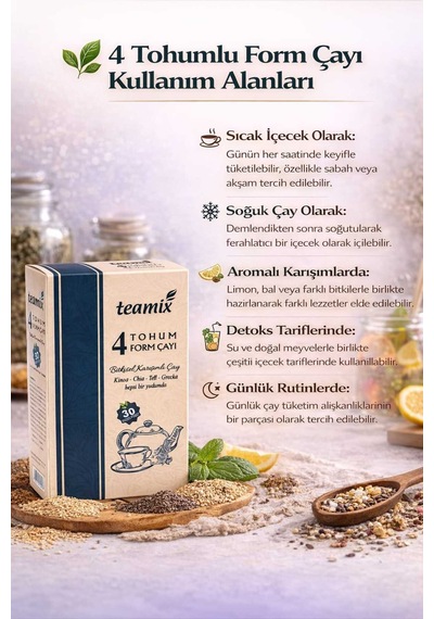 " Grecka-teff-chia-kinoa "4 Tohum Form Çayı