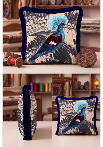 Egzotik Kuş Sanatsal Saçaklı Yastık Kılıfı - Mermer Boho Mavi Siyah Lacivert Püsküllü Kırlent Kılıfı Kırmızı