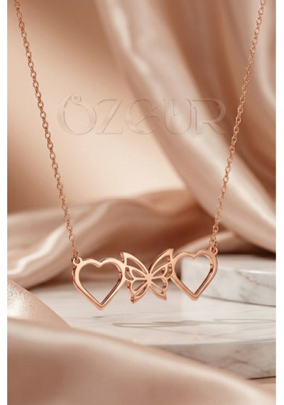 925 Ayar Gümüş Kalp Ve Kelebek Figürlü Kolye Rose Gold