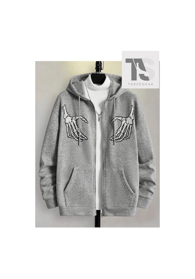Tarzsokak Oversize Unisex Gri İskelet Baskılı