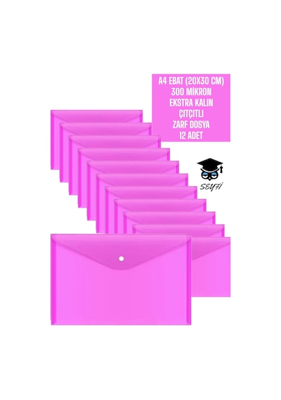 A4 Ebat 20x30 Cm 300 Mikron Ekstra Kalın Plastik Çıtçıtlı Zarf Dosya 12 Adet Pembe