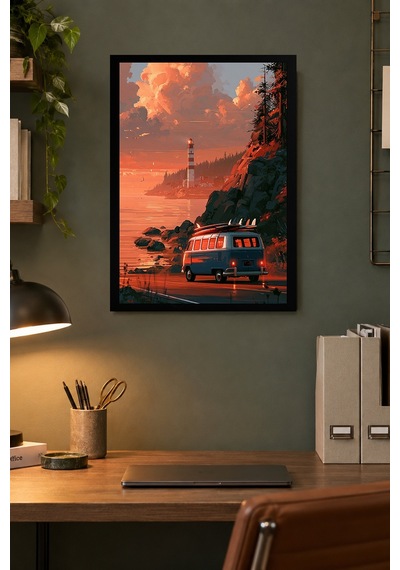 Turuncu Araç Ve Deniz Manzarası Desenli Dekoratif Mdf Tablo, Çerçeve Görünümlü Ahşap Poster