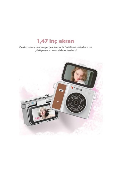 Torima Mini Dijital Kamera 2k Flip Ekranlı Selfie Video Vlog Kamerası Cmr46 Kahverengi