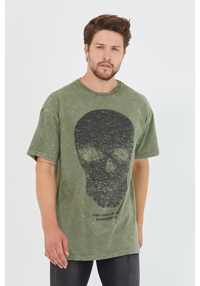 Erkek Parça Boya Baskılı Oversize Basic T-shirt Haki