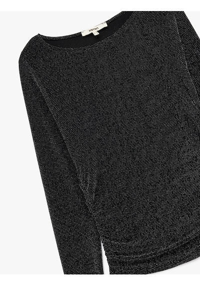 Koton Slim Fit Uzun Kollu Yuvarlak Kayık Yaka Simli Tişört Siyah 6wak50006ek SIYAH
