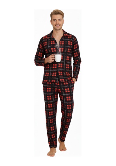 Free Beka Ekose Desenli Uzun Kollu Gömlek Yaka Düğmeli Erkek Pijama Takımı Kırmızı